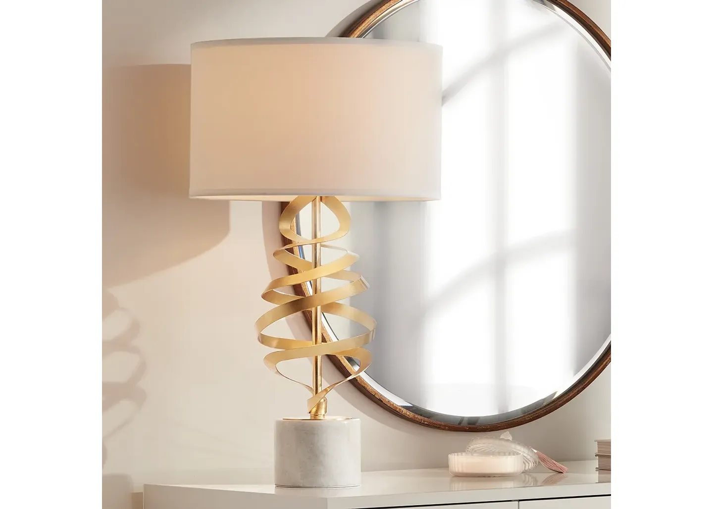 Possini Euro Design Possini Euro Helix Brass and White Marble Modern Table Lamp with Dimmer